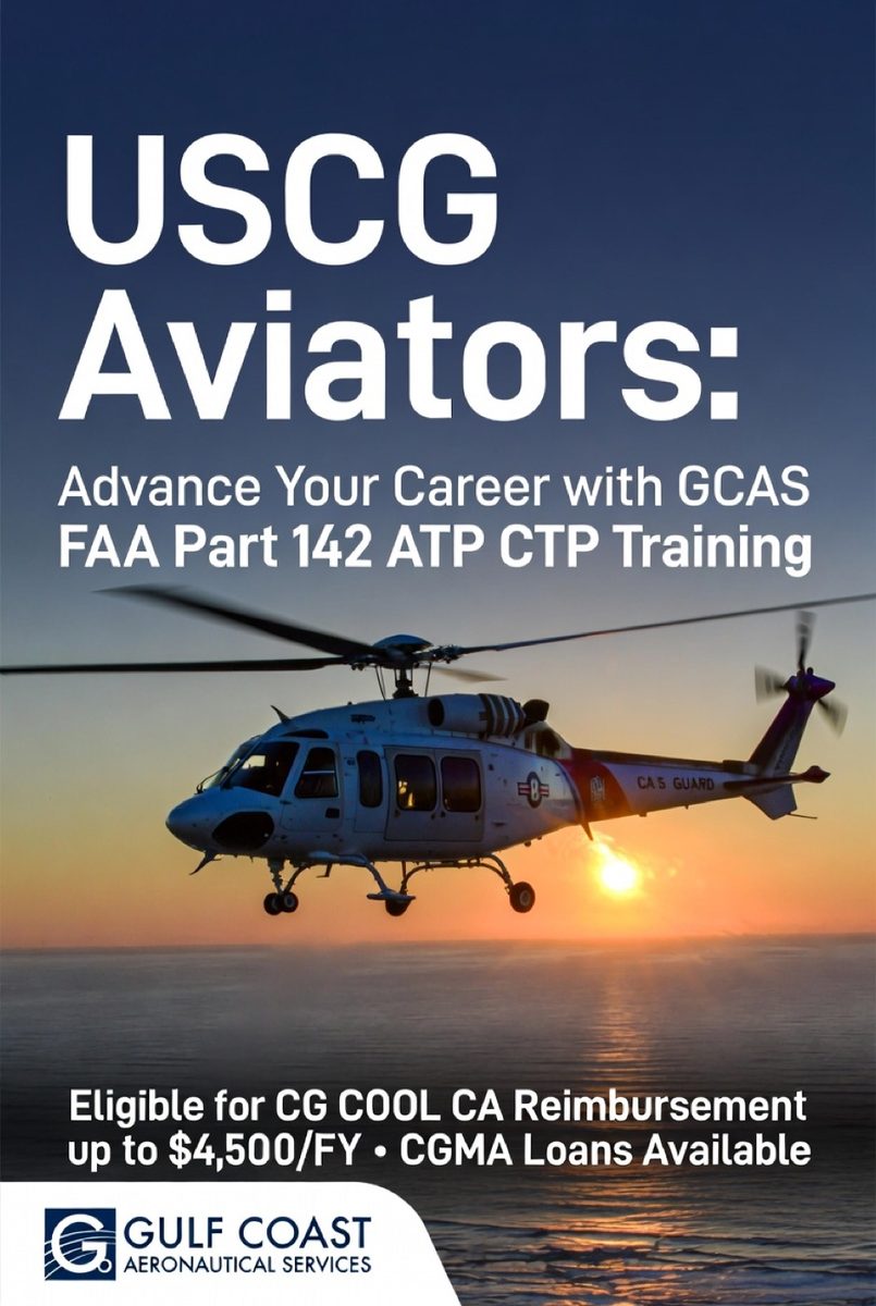 USCG Aviators graphic with a Coast Guard helicopter at sunset, noting CG COOL CA reimbursement up to $4,500 per fiscal year