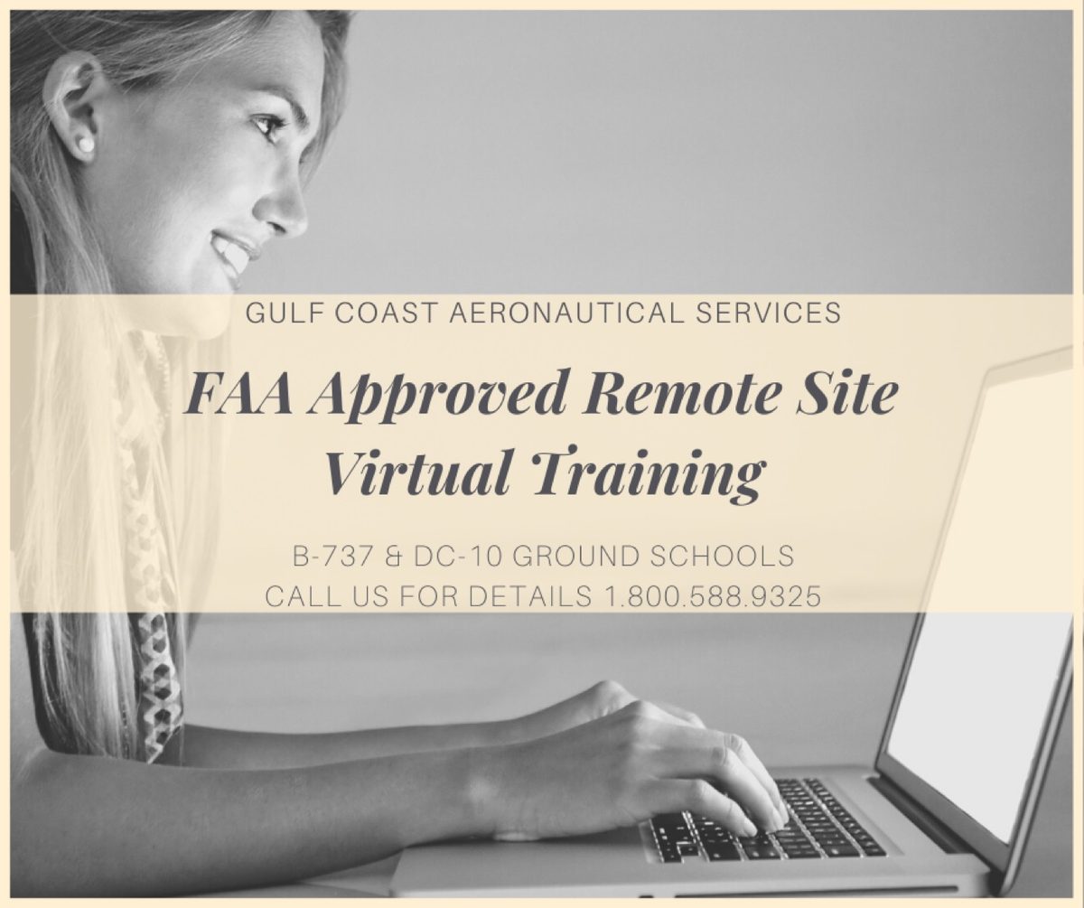 Graphic reading FAA Approved Remote Site Virtual Training, B-737 and DC-10 ground schools, with a woman typing on a laptop