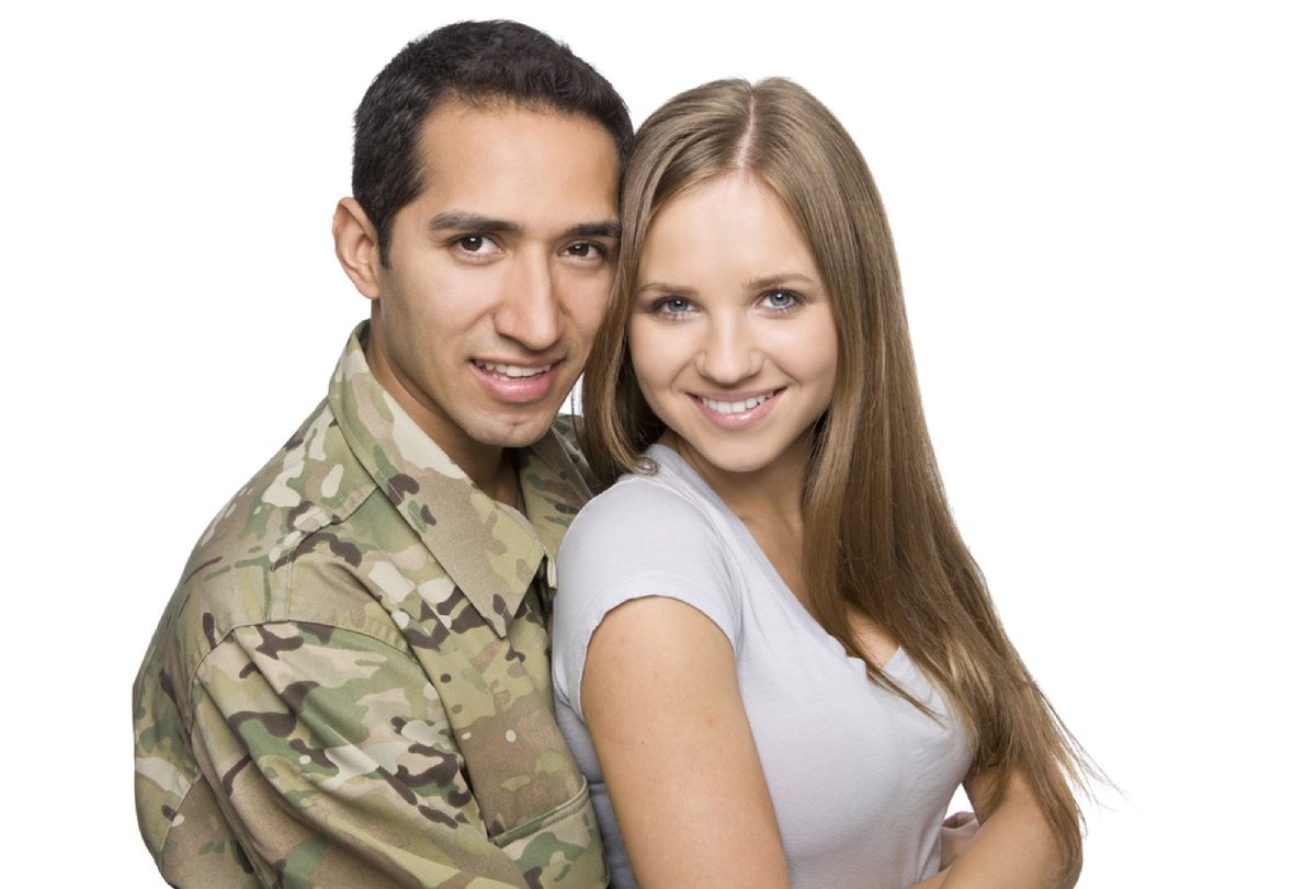 Smiling military service member in camouflage with his spouse