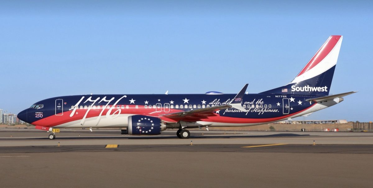 Southwest Airlines Boeing 737 in a red, white and blue livery on the ramp