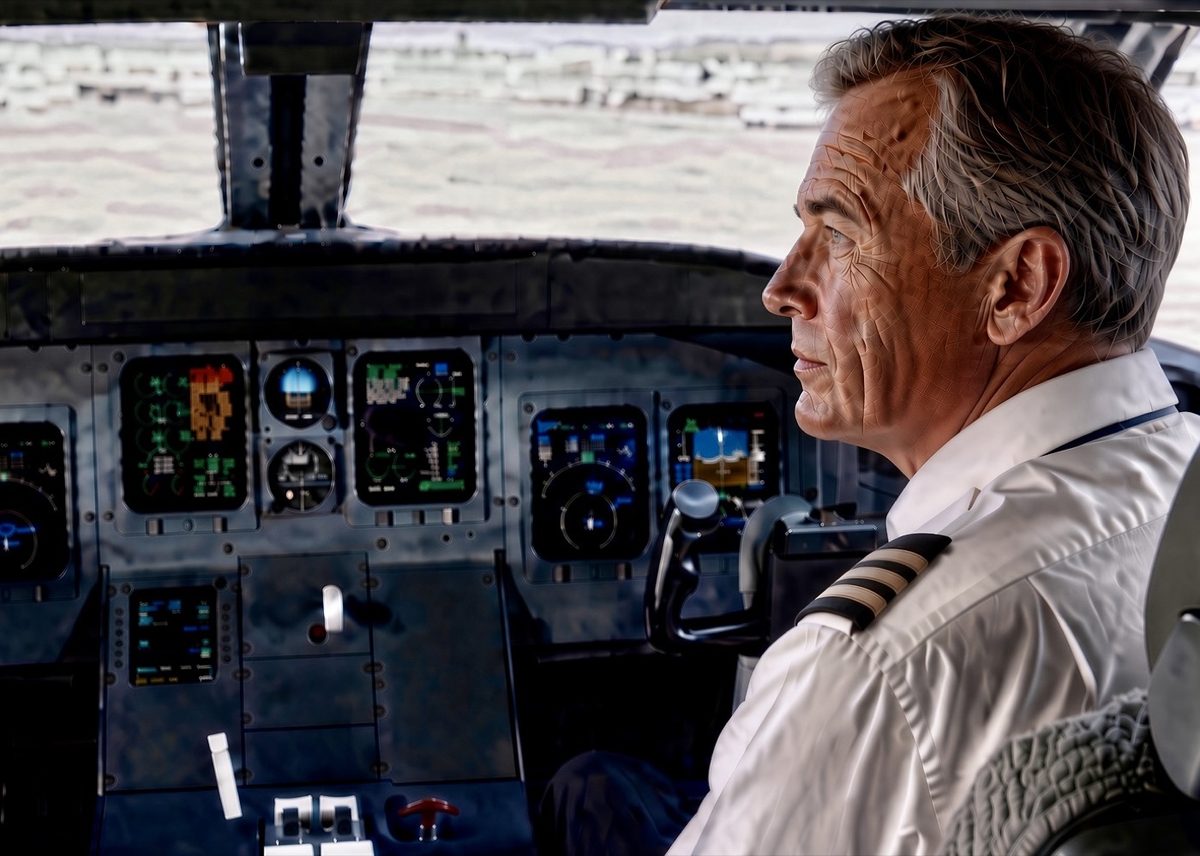 Airline captain in a white uniform shirt seated at the controls of a flight deck